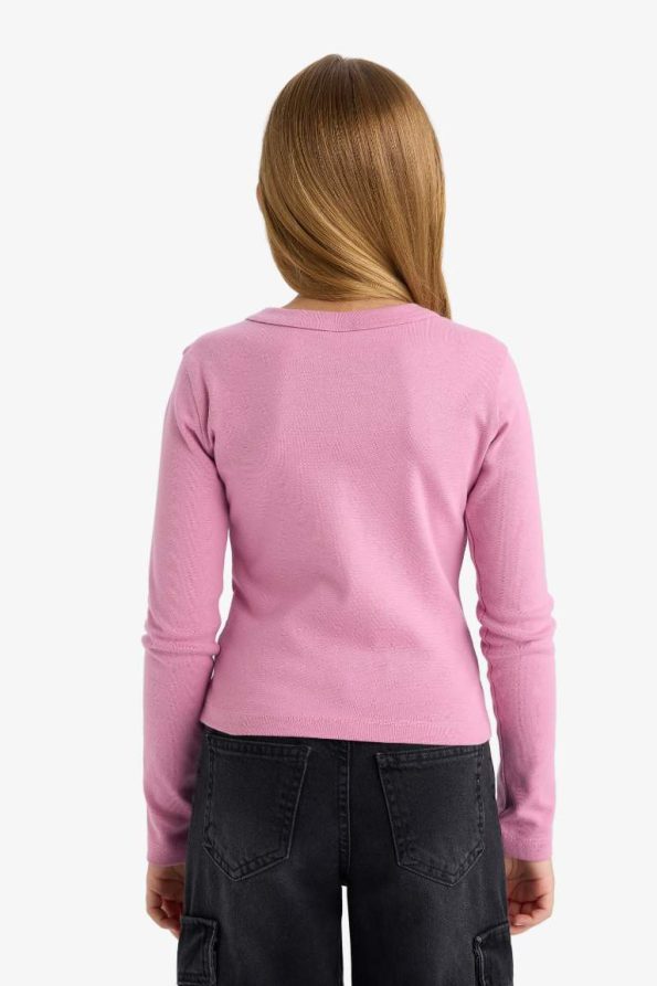 Girls' Slim Fit Printed Ribbed Long Sleeve T-Shirt