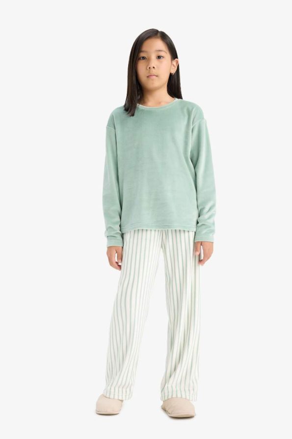 Girls' Pajama Set Fleece Long Sleeve Top Striped Long Bottom