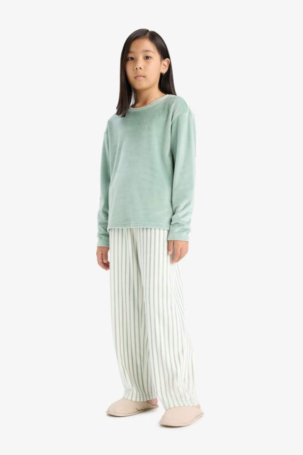Girls' Pajama Set Fleece Long Sleeve Top Striped Long Bottom