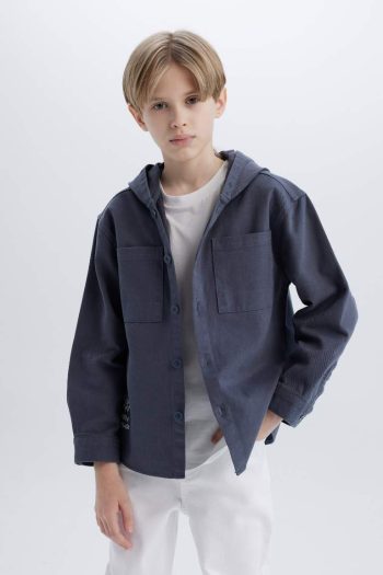 Boys' Oversized Hooded Gabardine Long Sleeve Shirt