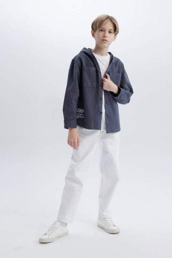 Boys' Oversized Hooded Gabardine Long Sleeve Shirt