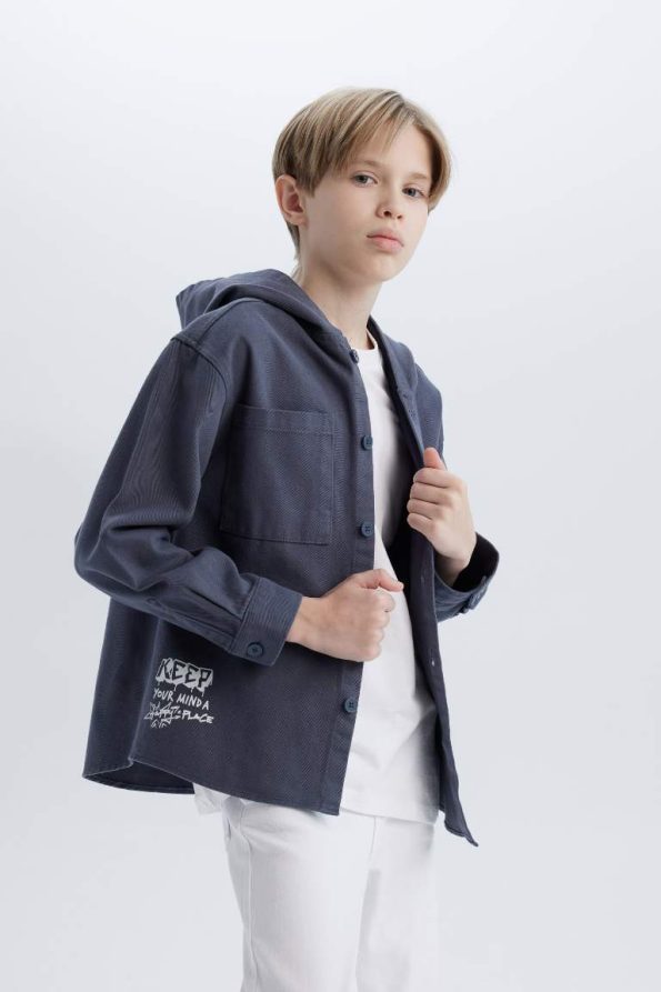 Boys' Oversized Hooded Gabardine Long Sleeve Shirt
