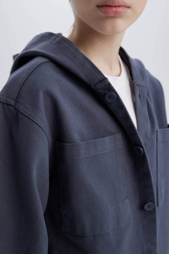 Boys' Oversized Hooded Gabardine Long Sleeve Shirt