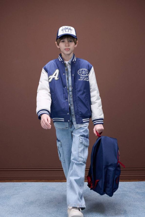 Boys' College Collar Printed Snap-Button Bomber Jacket