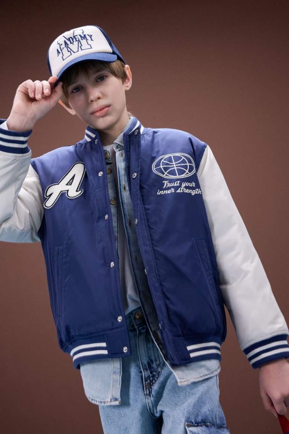 Boys' College Collar Printed Snap-Button Bomber Jacket
