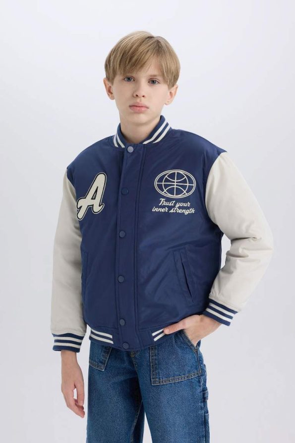 Boys' College Collar Printed Snap-Button Bomber Jacket