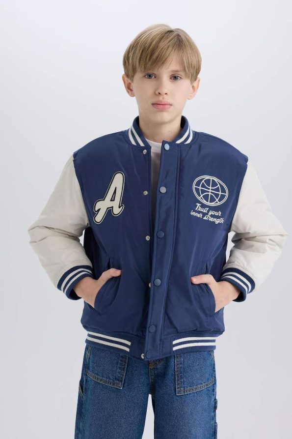 Boys' College Collar Printed Snap-Button Bomber Jacket