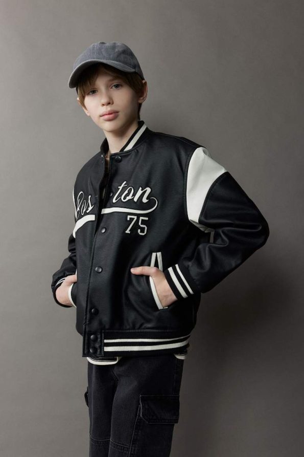 Boys' Waterproof College Collar Snap Button Bomber Jacket