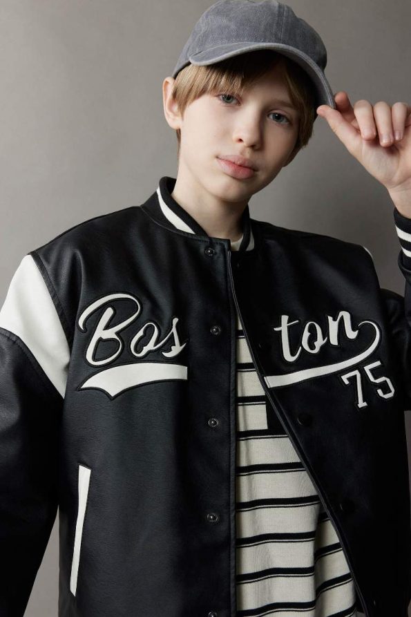 Boys' Waterproof College Collar Snap Button Bomber Jacket
