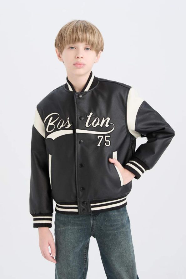 Boys' Waterproof College Collar Snap Button Bomber Jacket