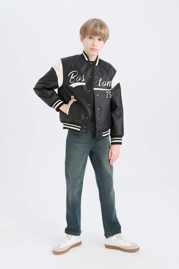 Boys' Waterproof College Collar Snap Button Bomber Jacket