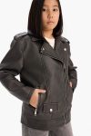 Girls' Waterproof Zip-Up Faux Leather Jacket with Double Pockets