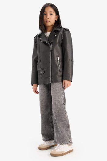 Girls' Waterproof Zip-Up Faux Leather Jacket with Double Pockets