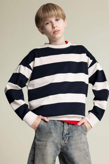 Boys' Oversized Striped Crew Neck Sweatshirt