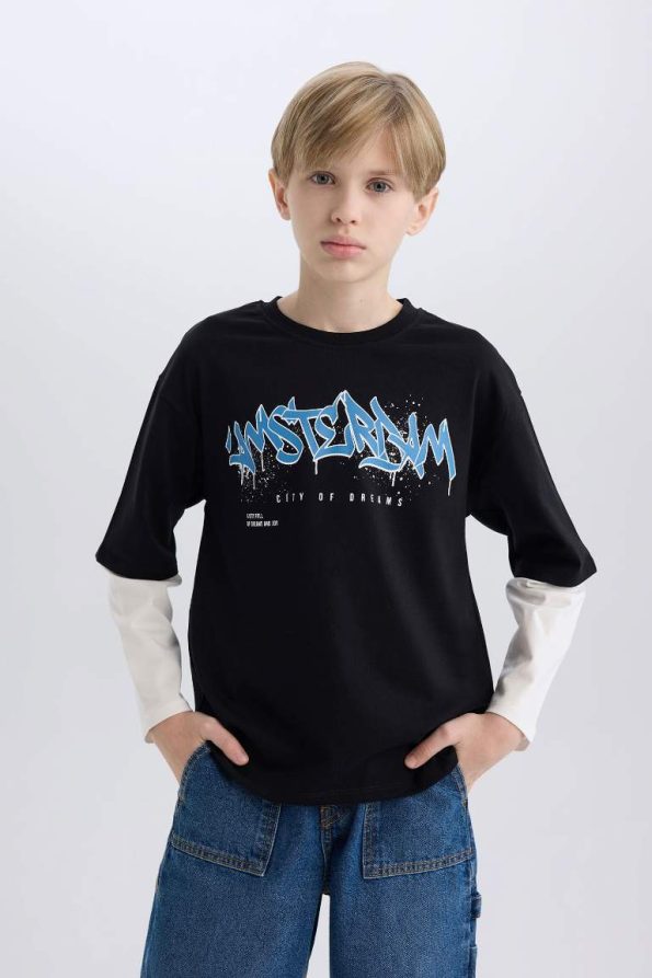 Boys' Oversized Wide Fit Printed Long Sleeve T-Shirt