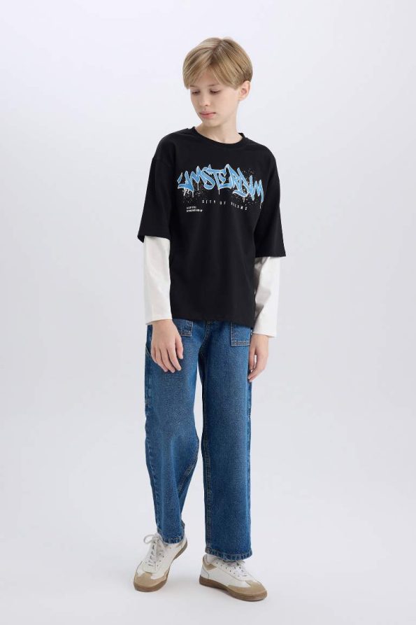 Boys' Oversized Wide Fit Printed Long Sleeve T-Shirt