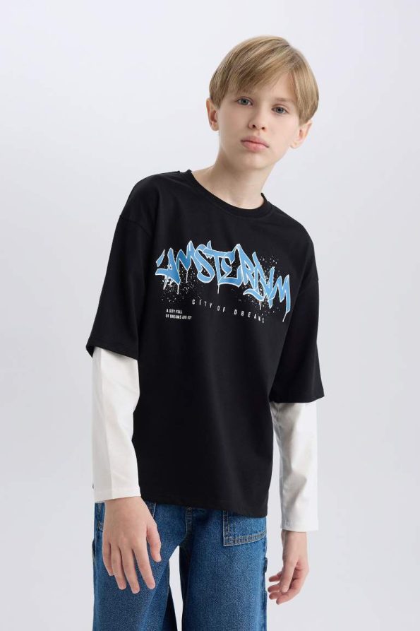 Boys' Oversized Wide Fit Printed Long Sleeve T-Shirt