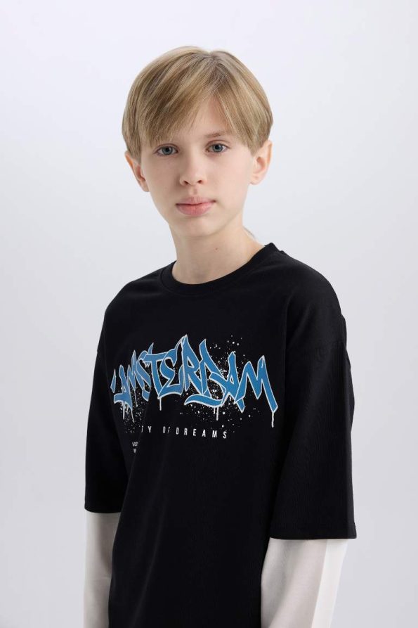 Boys' Oversized Wide Fit Printed Long Sleeve T-Shirt