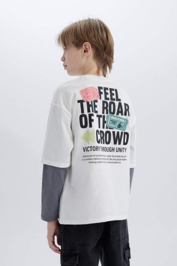 Boys' Oversized Wide Fit Crew Neck Long Sleeve T-Shirt with Back Print