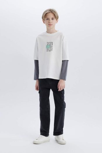 Boys' Oversized Wide Fit Crew Neck Long Sleeve T-Shirt with Back Print