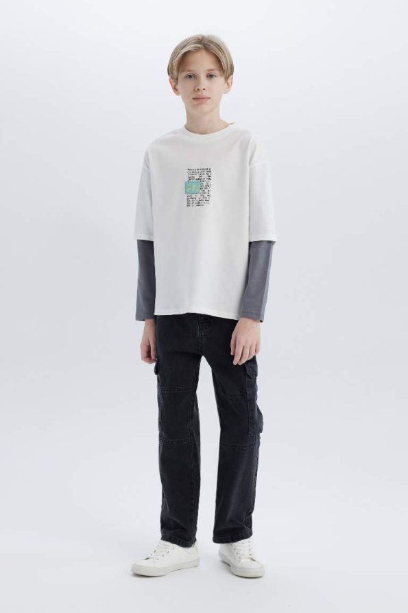 Boys' Oversized Wide Fit Crew Neck Long Sleeve T-Shirt with Back Print