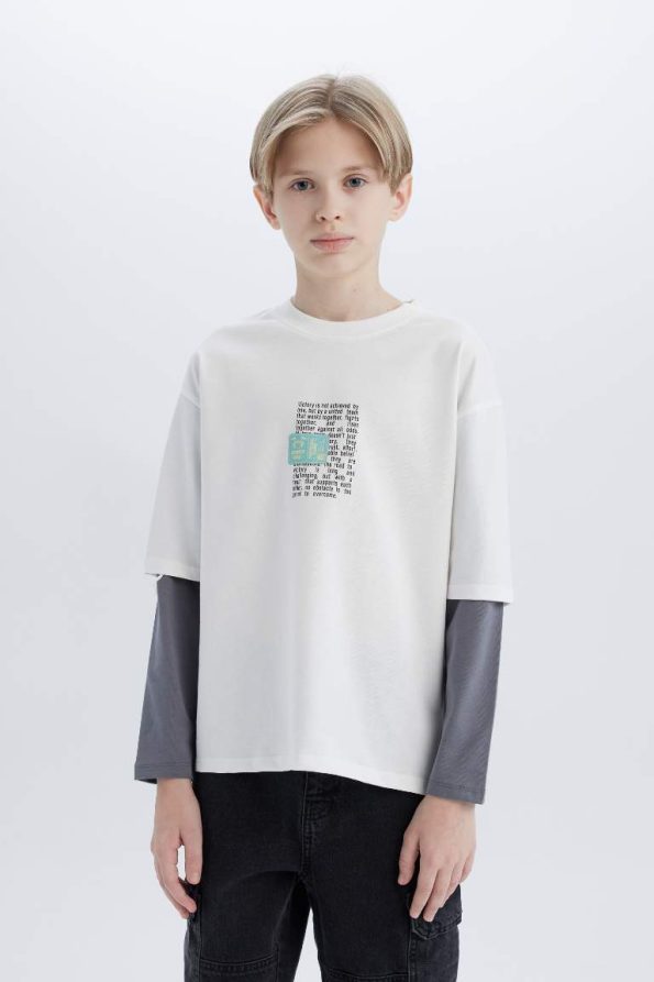 Boys' Oversized Wide Fit Crew Neck Long Sleeve T-Shirt with Back Print
