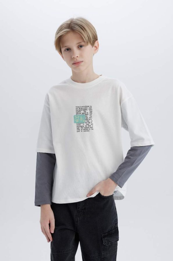 Boys' Oversized Wide Fit Crew Neck Long Sleeve T-Shirt with Back Print