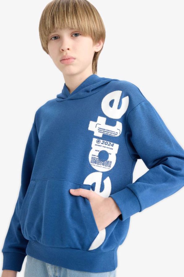Boys' Hooded Kangaroo Pocket Printed Sweatshirt