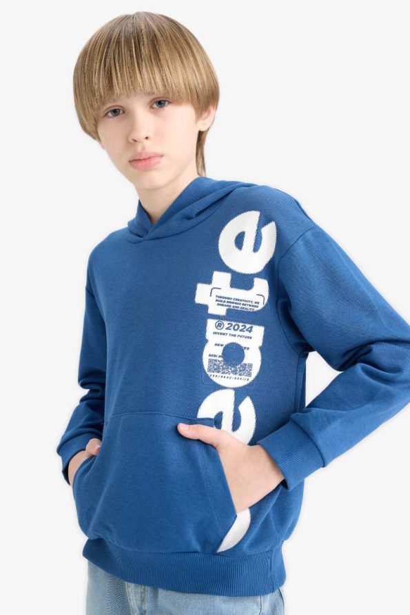 Boys' Hooded Kangaroo Pocket Printed Sweatshirt