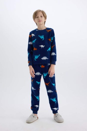 Boys' Fleece Pajama Set with Dinosaur Print Long Sleeve Top and Bottom