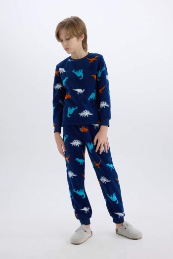 Boys' Fleece Pajama Set with Dinosaur Print Long Sleeve Top and Bottom