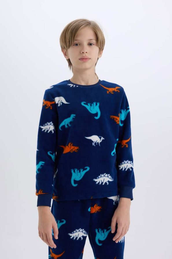 Boys' Fleece Pajama Set with Dinosaur Print Long Sleeve Top and Bottom