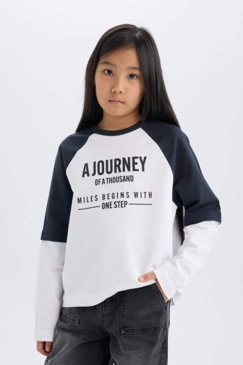 Girls' Oversized Wide Fit Printed Long Sleeve T-Shirt