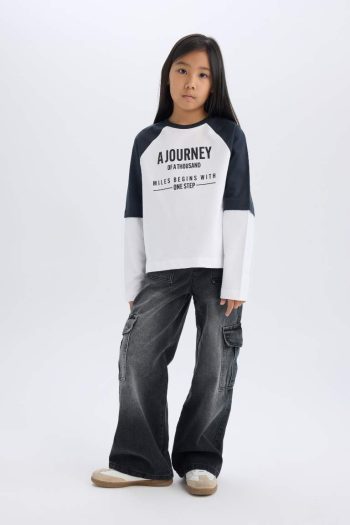 Girls' Oversized Wide Fit Printed Long Sleeve T-Shirt