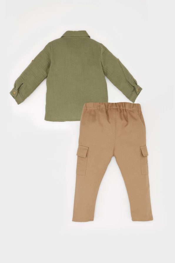 Boys' 2-Piece Set with Long Sleeve Shirt and Elastic Waist Cargo Pants