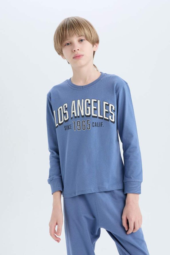 Boys' Printed Long Sleeve Pajama Set with Elastic Waist Pants