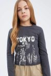 Girls' Printed Long Sleeve T-Shirt with Crew Neck