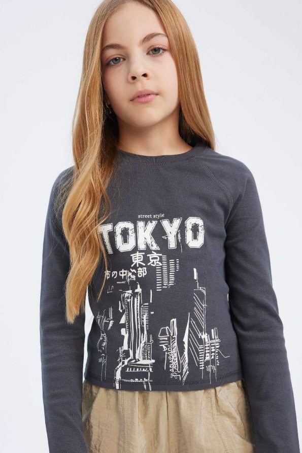 Girls' Printed Long Sleeve T-Shirt with Crew Neck