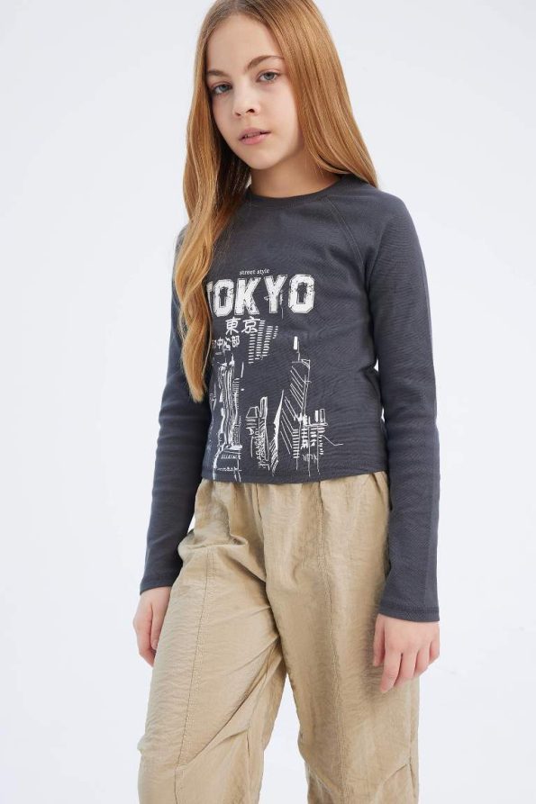 Girls' Printed Long Sleeve T-Shirt with Crew Neck