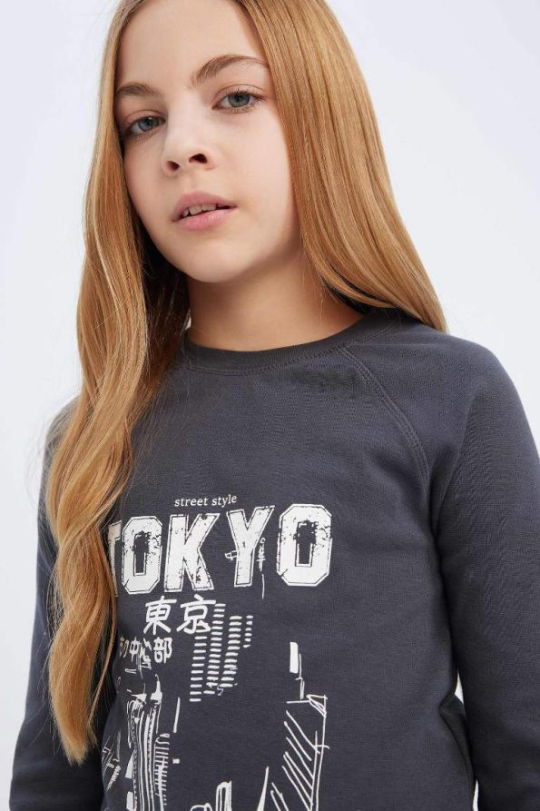 Girls' Printed Long Sleeve T-Shirt with Crew Neck