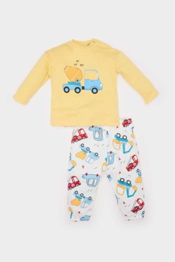 Boys' Printed Vehicle 2-Piece Set with Long Sleeve Waffle T-Shirt and Elastic Waist Pants