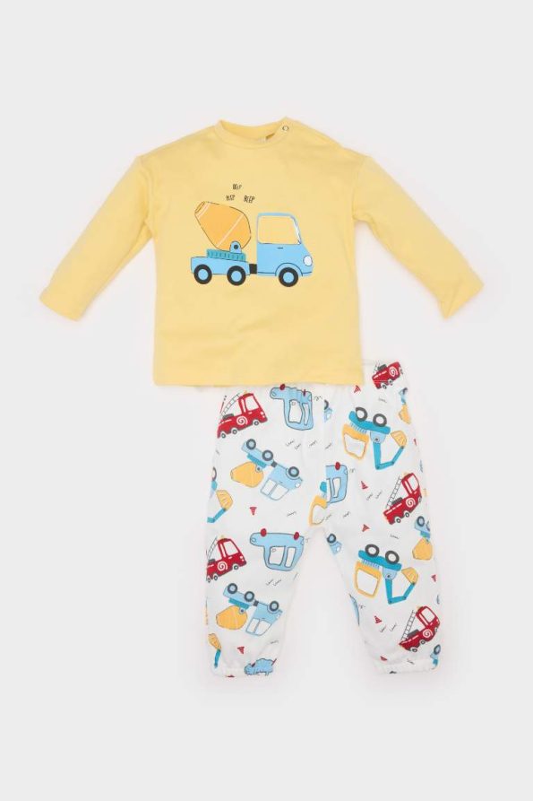 Boys' Printed Vehicle 2-Piece Set with Long Sleeve Waffle T-Shirt and Elastic Waist Pants