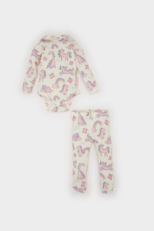 Girls' Baby 2-Piece Set Patterned Ribbed Long Sleeve Snap Bodysuit and Pants
