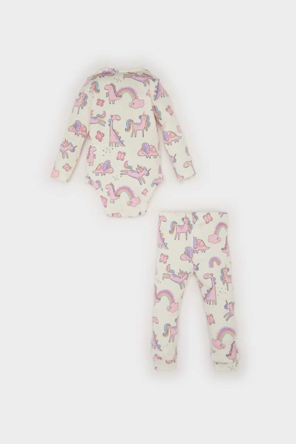 Girls' Baby 2-Piece Set Patterned Ribbed Long Sleeve Snap Bodysuit and Pants