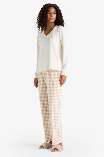 Regular Fit Long Sleeve Velvet Pajama Set with Checkered Long Bottoms