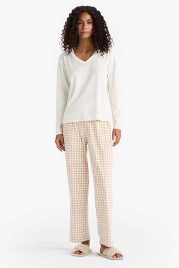 Regular Fit Long Sleeve Velvet Pajama Set with Checkered Long Bottoms