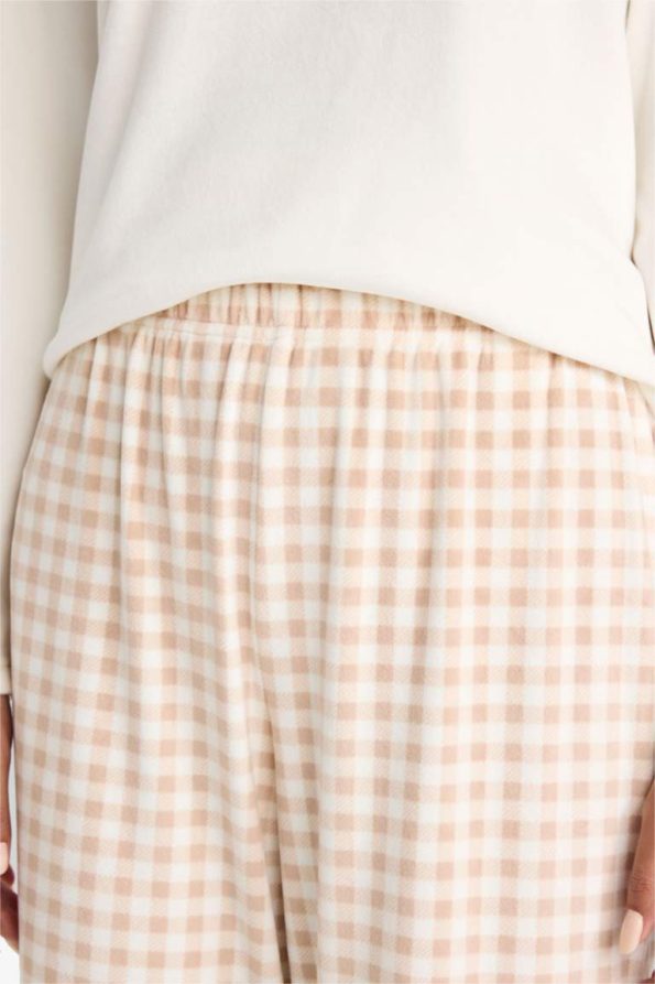 Regular Fit Long Sleeve Velvet Pajama Set with Checkered Long Bottoms