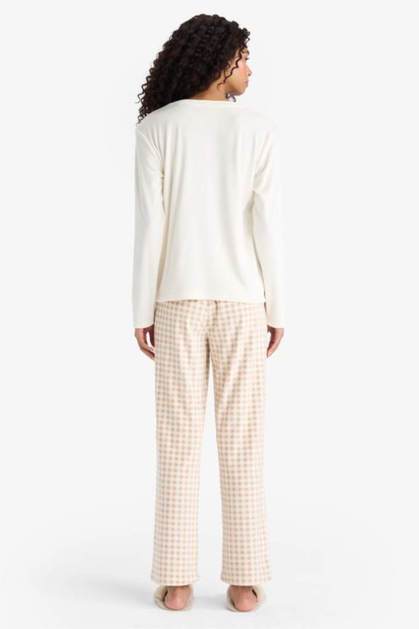 Regular Fit Long Sleeve Velvet Pajama Set with Checkered Long Bottoms