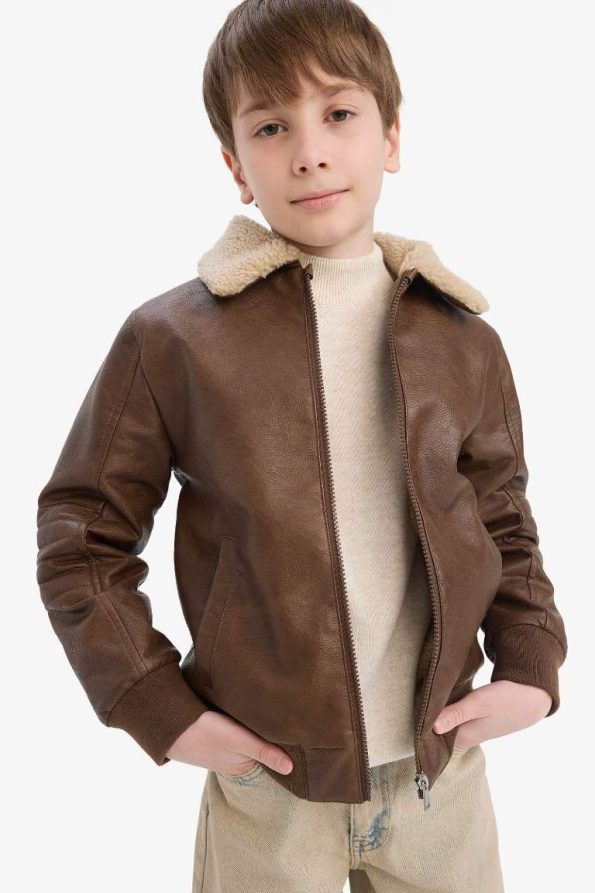 Boys' Polo Collar Fleece Lined Zipper Jacket