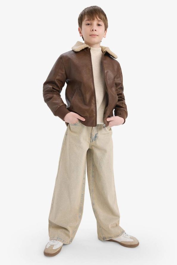 Boys' Polo Collar Fleece Lined Zipper Jacket